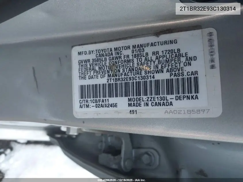2T1BR32E93C130314 2003 Toyota Corolla Le