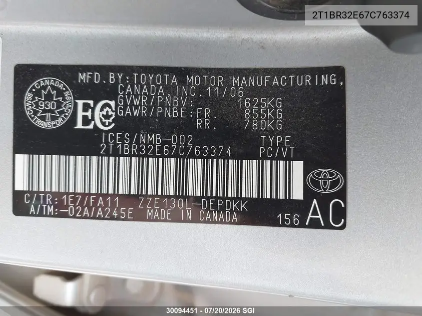 2007 Toyota Corolla Ce/Le/S VIN: 2T1BR32E67C763374 Lot: 30094451