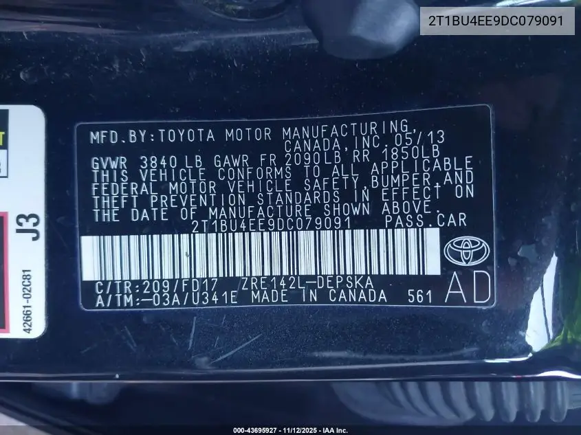 2T1BU4EE9DC079091 2013 Toyota Corolla S