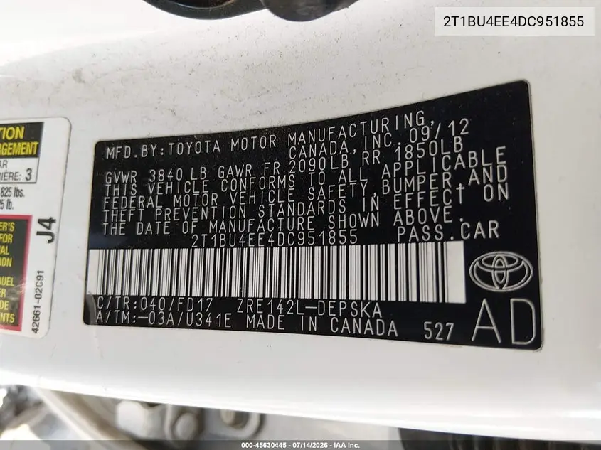 2013 Toyota Corolla S VIN: 2T1BU4EE4DC951855 Lot: 45630445