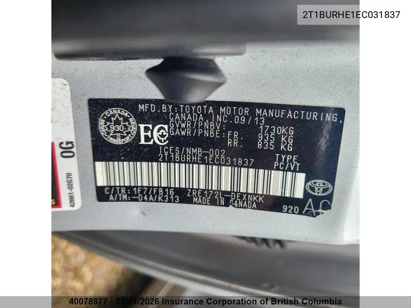 2014 Toyota Corolla L/Le/Le Pls/Prm/S/S Pls VIN: 2T1BURHE1EC031837 Lot: 40078877