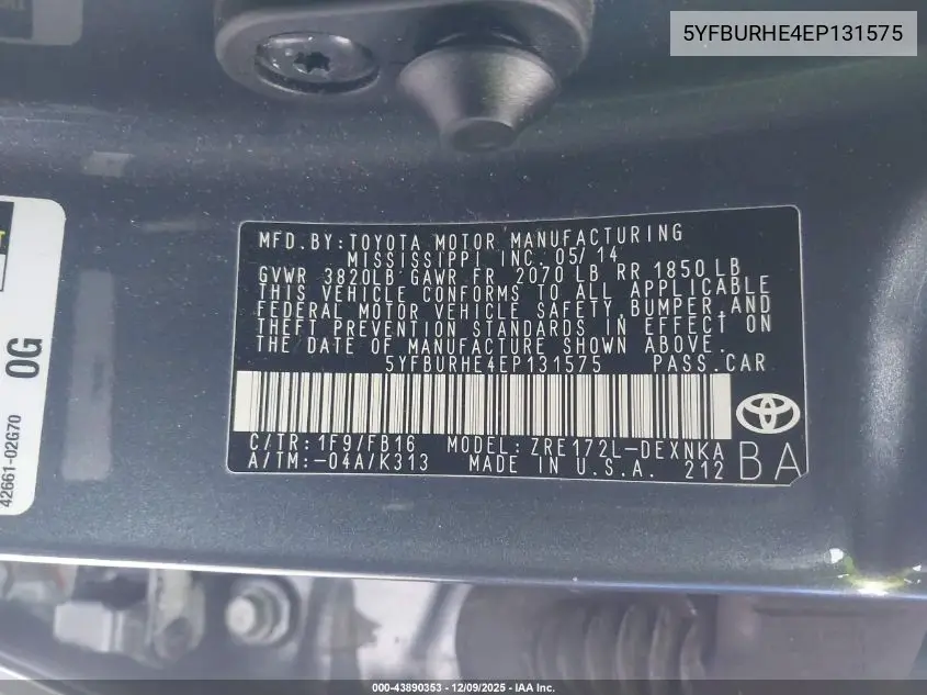 5YFBURHE4EP131575 2014 Toyota Corolla Le