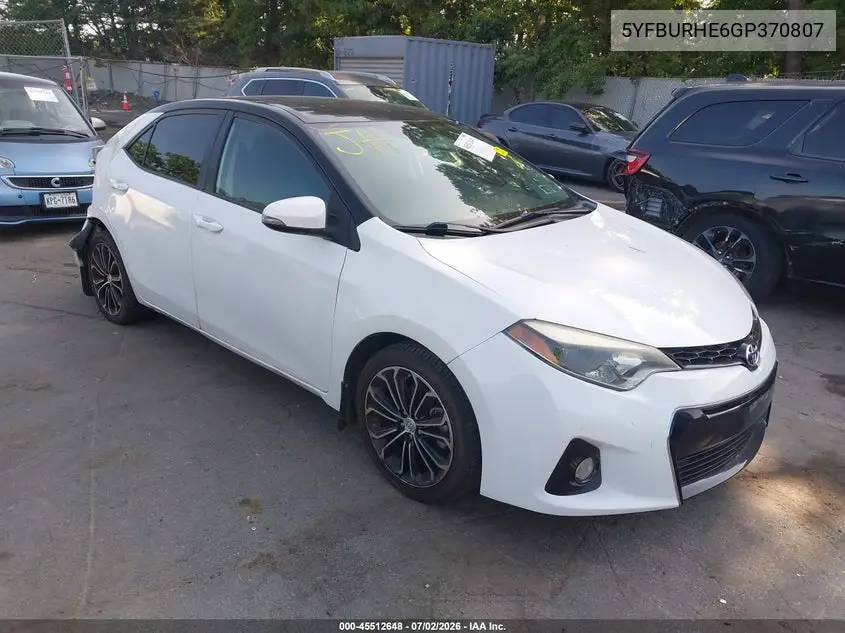 2016 Toyota Corolla S Plus VIN: 5YFBURHE6GP370807 Lot: 45512648