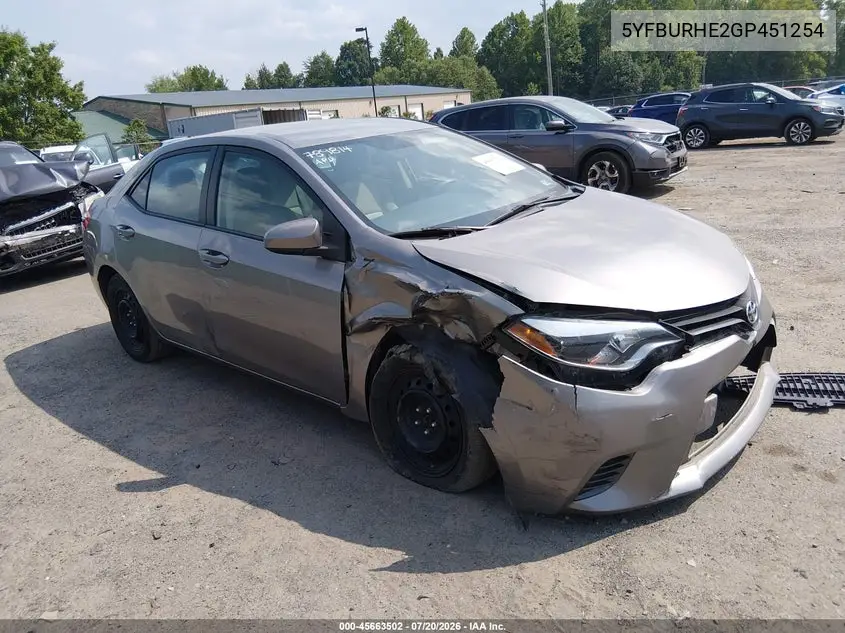 2016 Toyota Corolla Le VIN: 5YFBURHE2GP451254 Lot: 45663502
