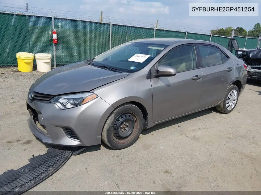 2016 Toyota Corolla Le VIN: 5YFBURHE2GP451254 Lot: 45663502