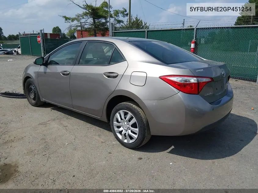 2016 Toyota Corolla Le VIN: 5YFBURHE2GP451254 Lot: 45663502