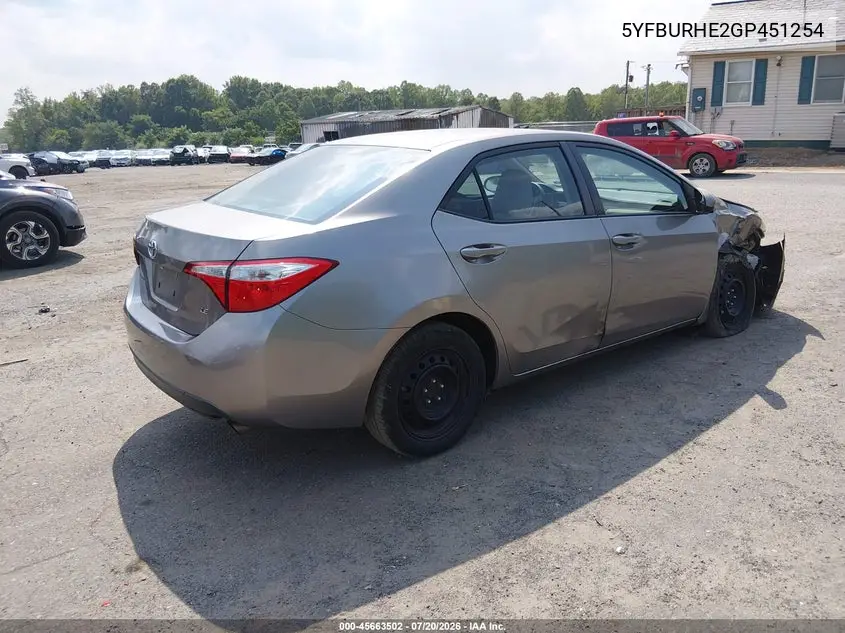 2016 Toyota Corolla Le VIN: 5YFBURHE2GP451254 Lot: 45663502