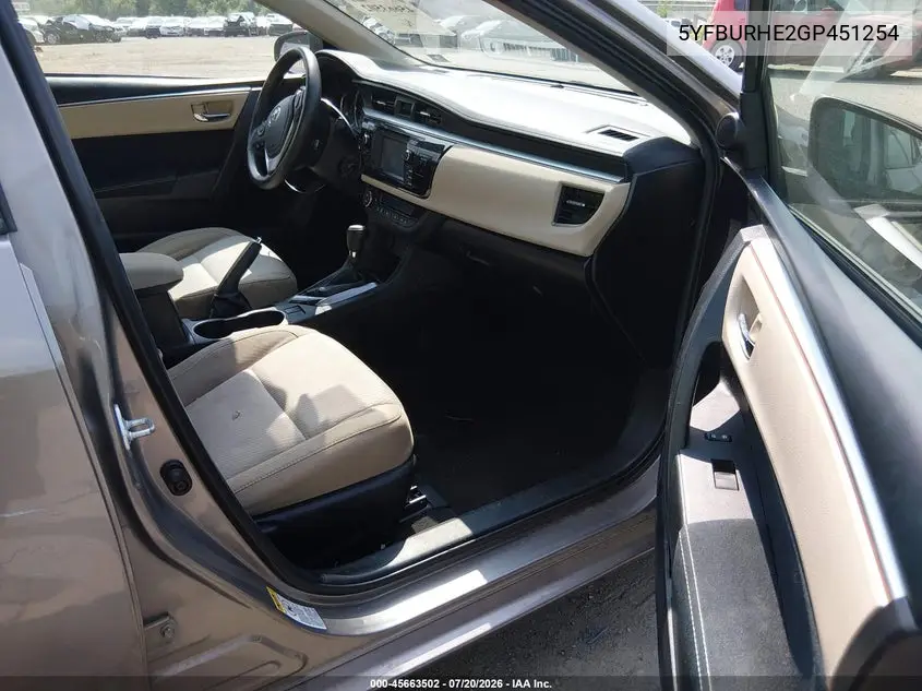 2016 Toyota Corolla Le VIN: 5YFBURHE2GP451254 Lot: 45663502