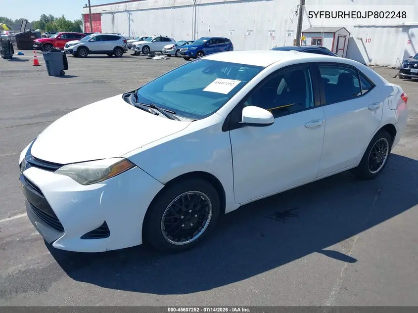 2018 Toyota Corolla Le VIN: 5YFBURHE0JP802248 Lot: 45607252