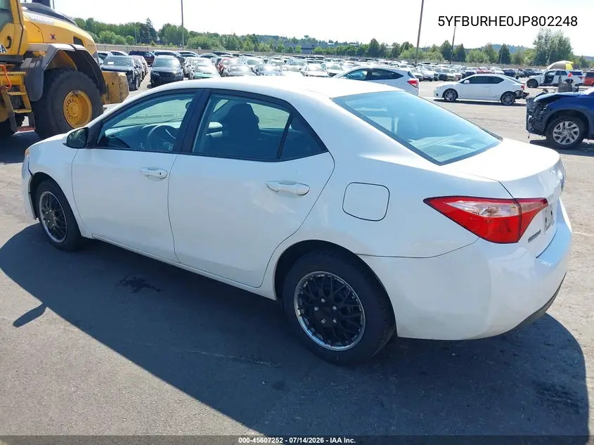 2018 Toyota Corolla Le VIN: 5YFBURHE0JP802248 Lot: 45607252