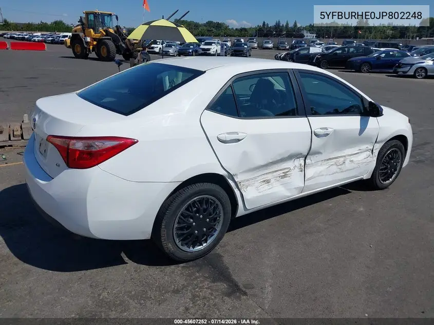2018 Toyota Corolla Le VIN: 5YFBURHE0JP802248 Lot: 45607252