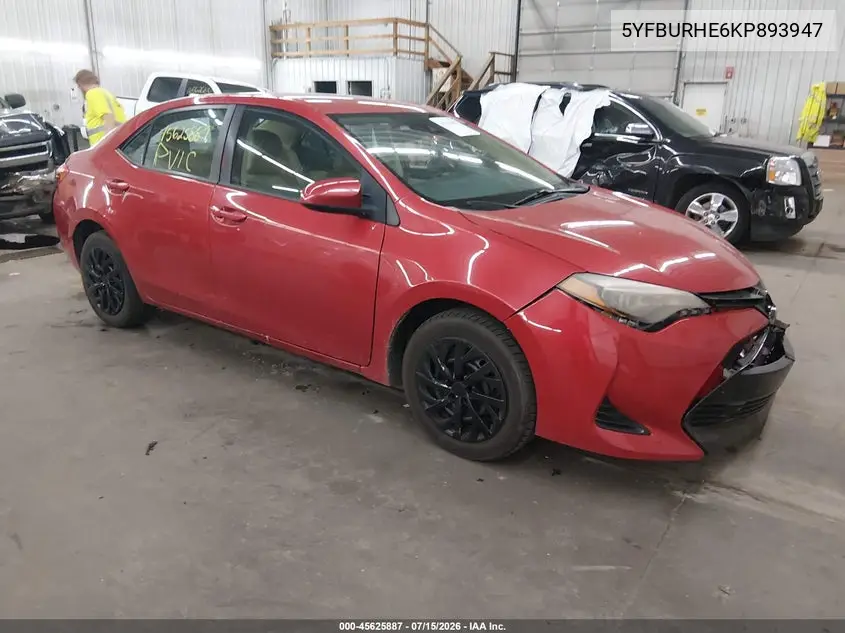 2019 Toyota Corolla Le VIN: 5YFBURHE6KP893947 Lot: 45625887