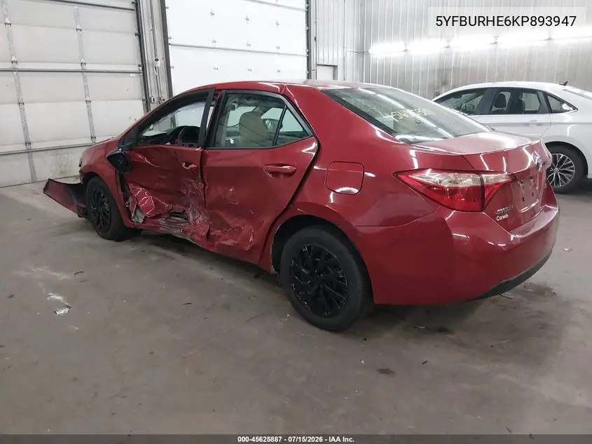 2019 Toyota Corolla Le VIN: 5YFBURHE6KP893947 Lot: 45625887