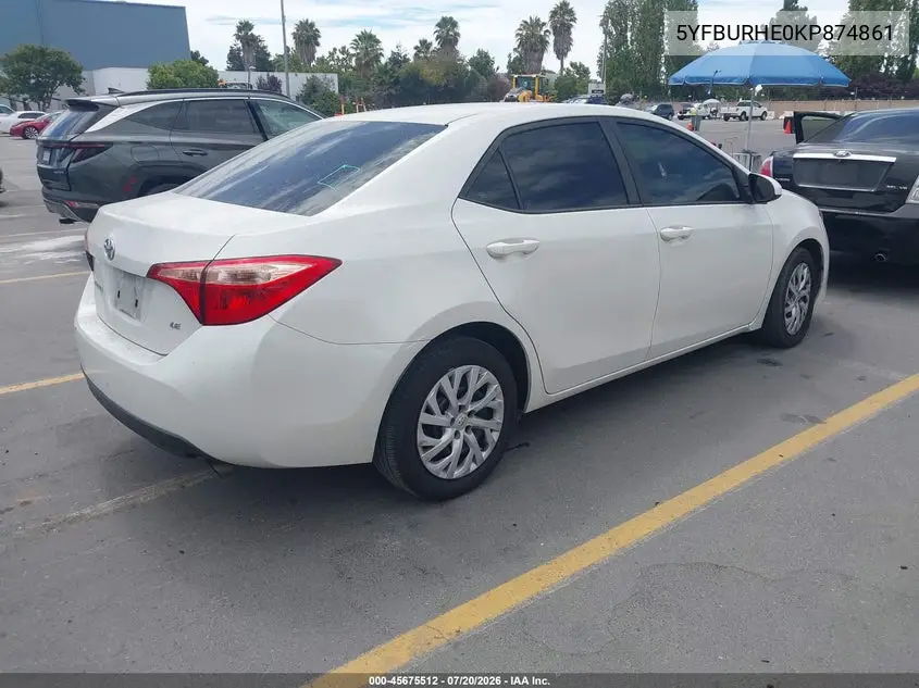 2019 Toyota Corolla Le VIN: 5YFBURHE0KP874861 Lot: 45675512