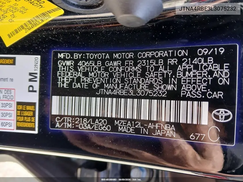 JTNA4RBE3L3075232 2020 Toyota Corolla Xse