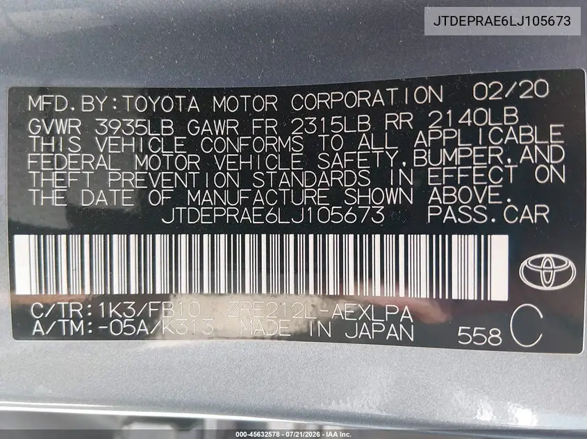 2020 Toyota Corolla Le VIN: JTDEPRAE6LJ105673 Lot: 45632578