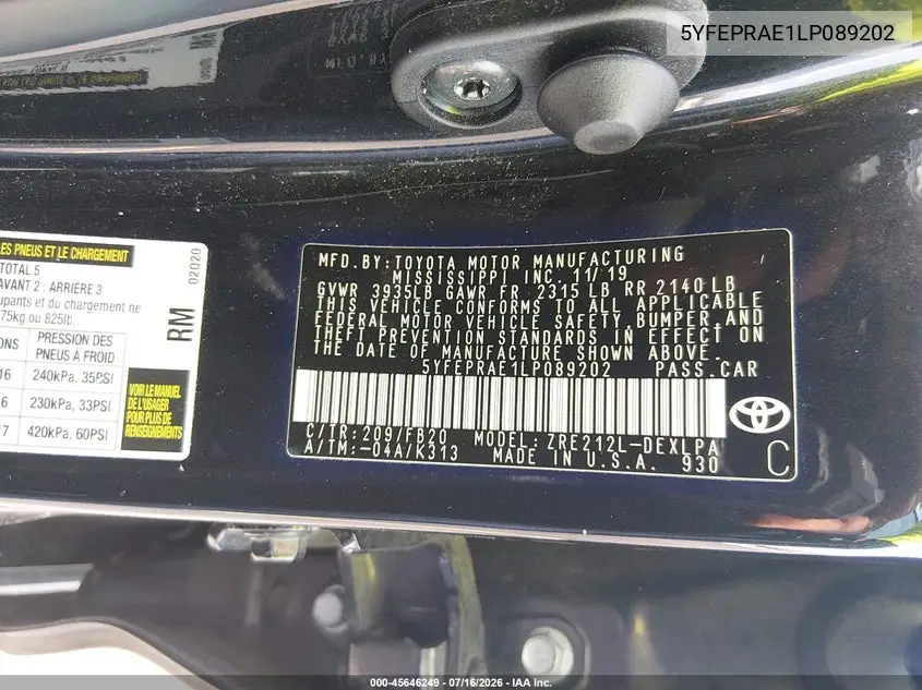 2020 Toyota Corolla Le VIN: 5YFEPRAE1LP089202 Lot: 45646249