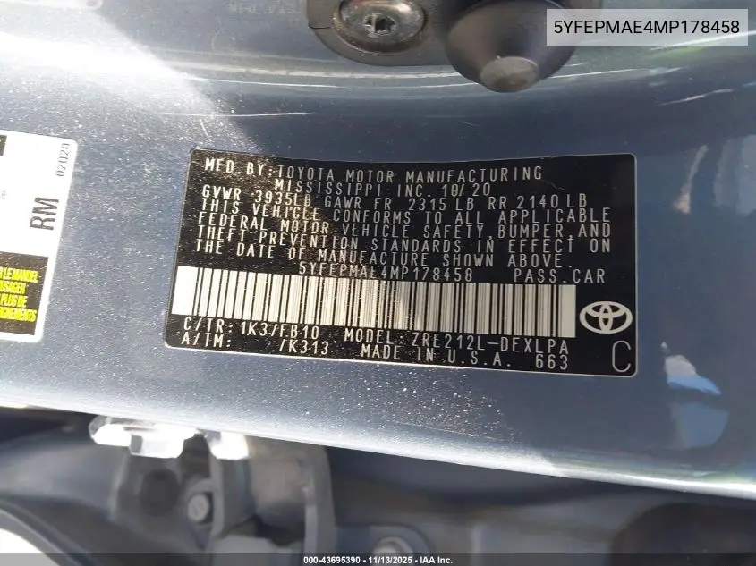 5YFEPMAE4MP178458 2021 Toyota Corolla Le