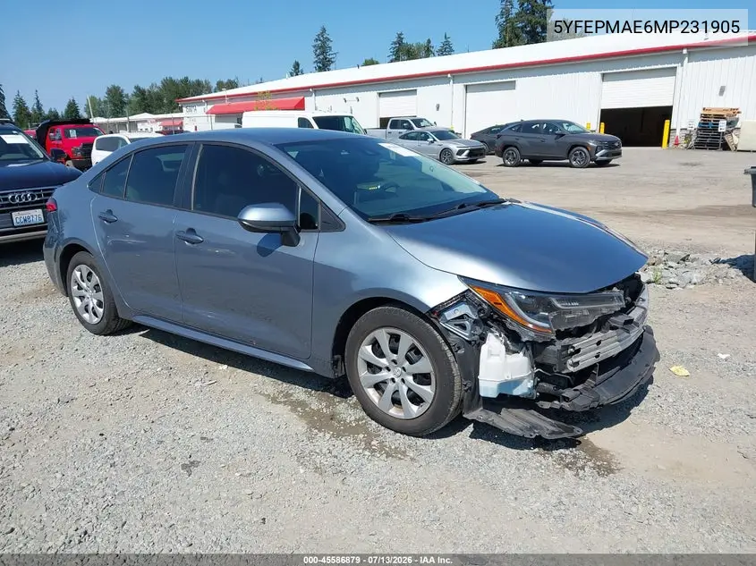 2021 Toyota Corolla Le VIN: 5YFEPMAE6MP231905 Lot: 45586879