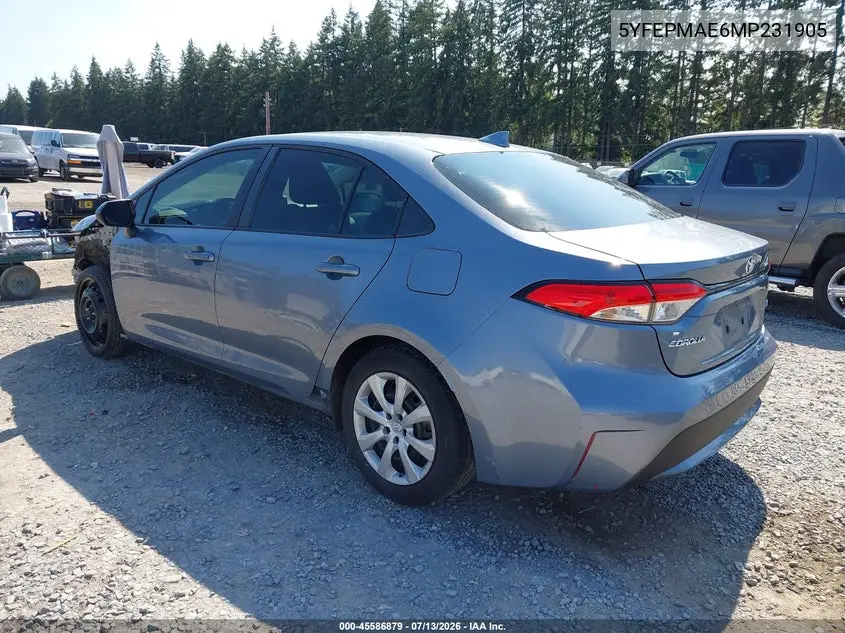 2021 Toyota Corolla Le VIN: 5YFEPMAE6MP231905 Lot: 45586879