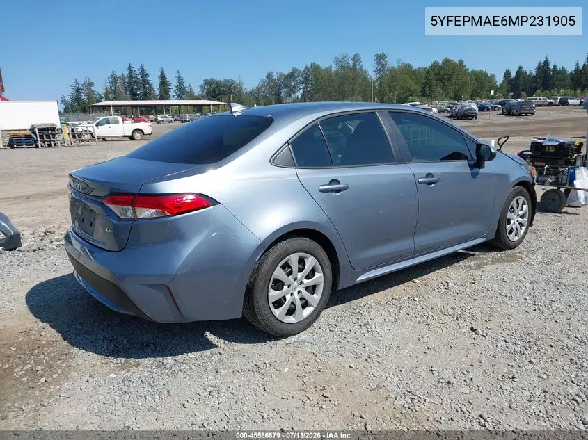 2021 Toyota Corolla Le VIN: 5YFEPMAE6MP231905 Lot: 45586879
