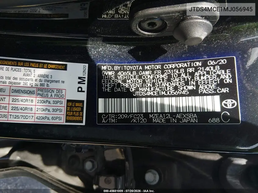 2021 Toyota Corolla Se VIN: JTDS4MCE1MJ056945 Lot: 45681009