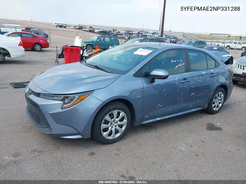 2022 Toyota Corolla Le VIN: 5YFEPMAE2NP331288 Lot: 45557554