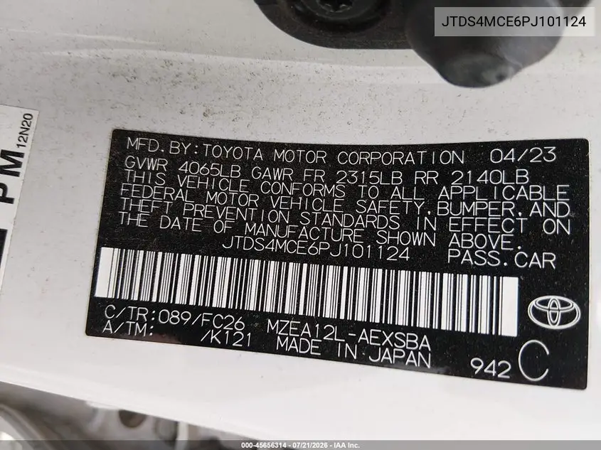 2023 Toyota Corolla Se VIN: JTDS4MCE6PJ101124 Lot: 45656314