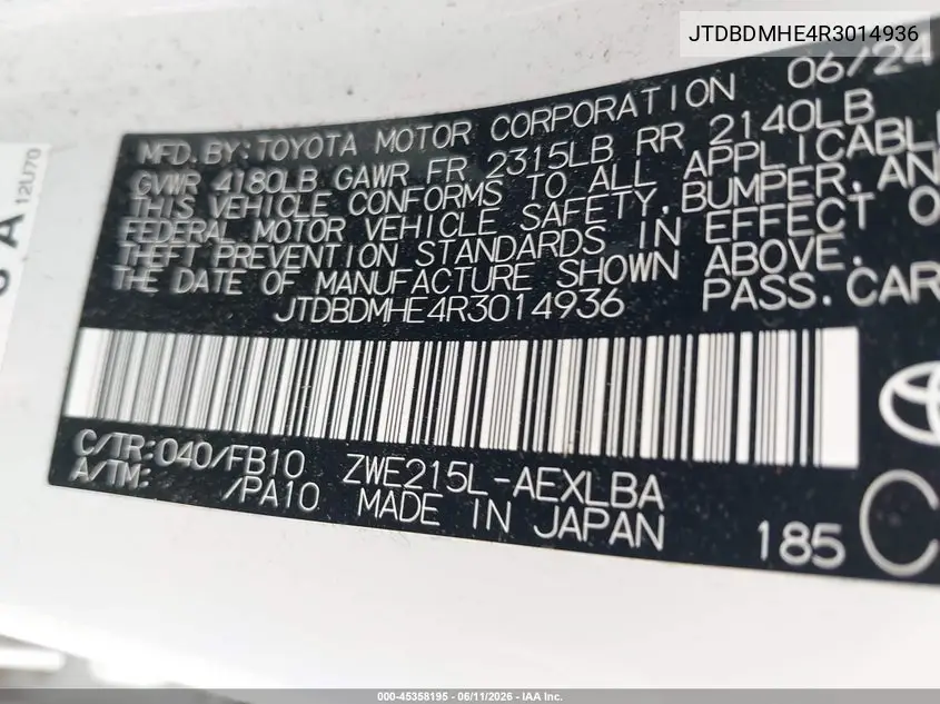 2024 Toyota Corolla Hybrid Le VIN: JTDBDMHE4R3014936 Lot: 45358195