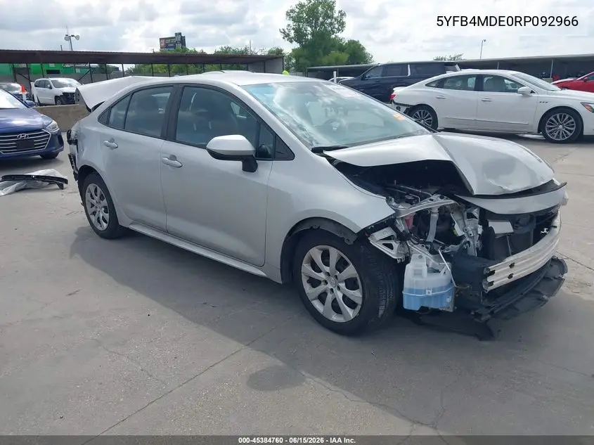 2024 Toyota Corolla Le VIN: 5YFB4MDE0RP092966 Lot: 45384760