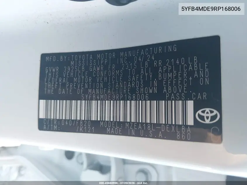 2024 Toyota Corolla Le VIN: 5YFB4MDE9RP168006 Lot: 45660996