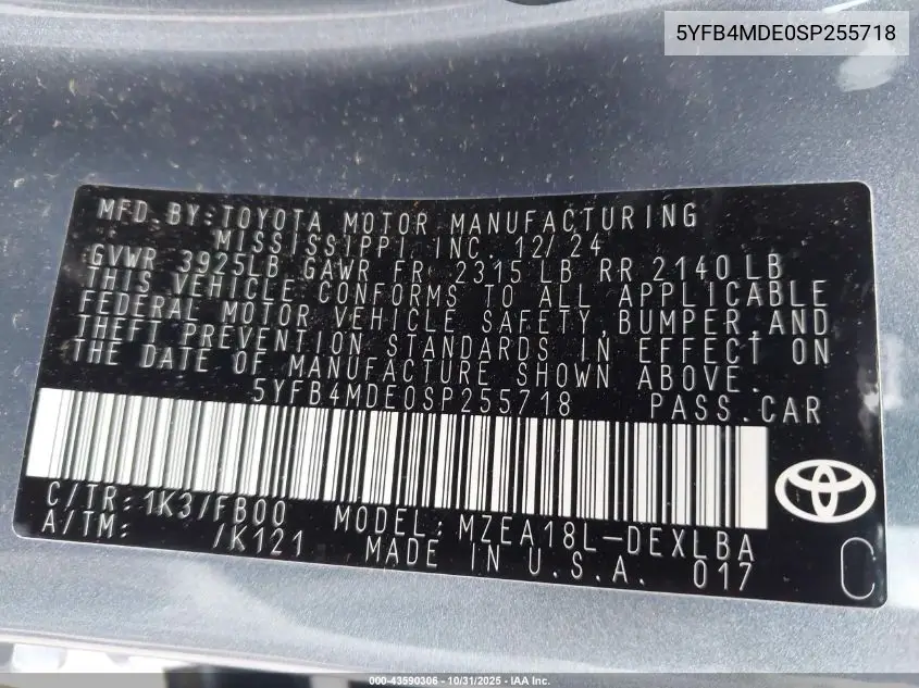 5YFB4MDE0SP255718 2025 Toyota Corolla Le