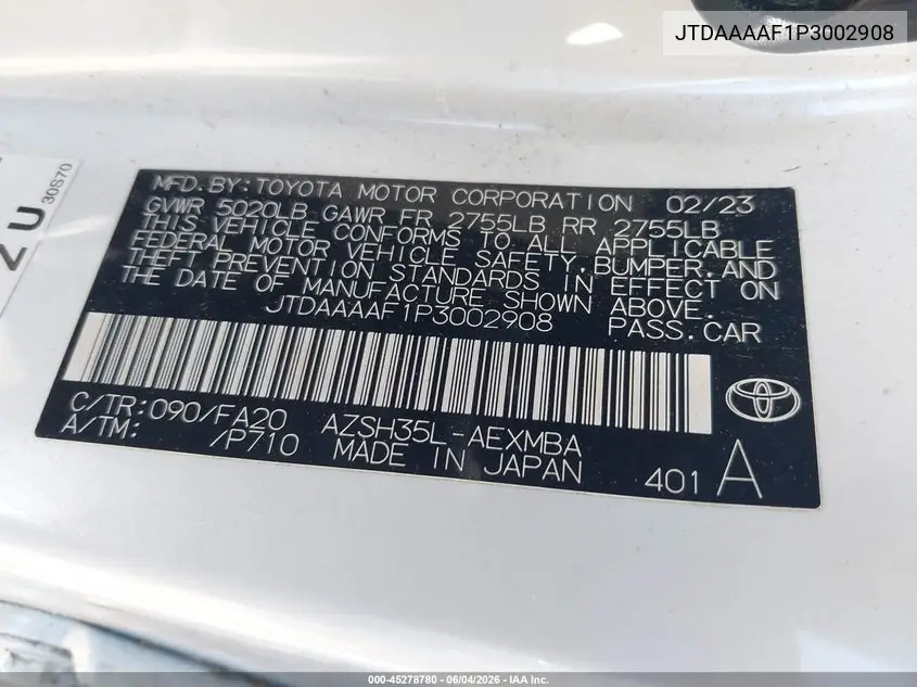 2023 Toyota Crown Xle VIN: JTDAAAAF1P3002908 Lot: 45278780