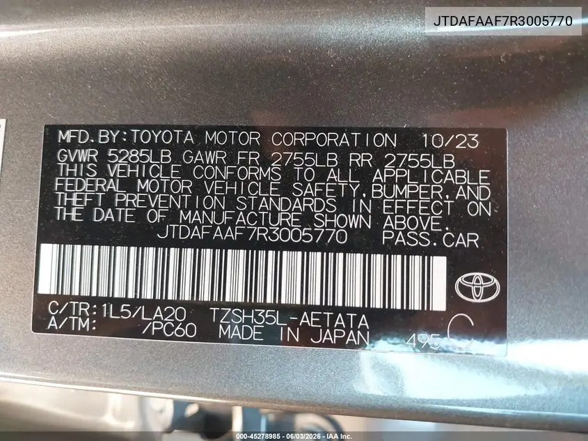 2024 Toyota Crown Platinum VIN: JTDAFAAF7R3005770 Lot: 45278985