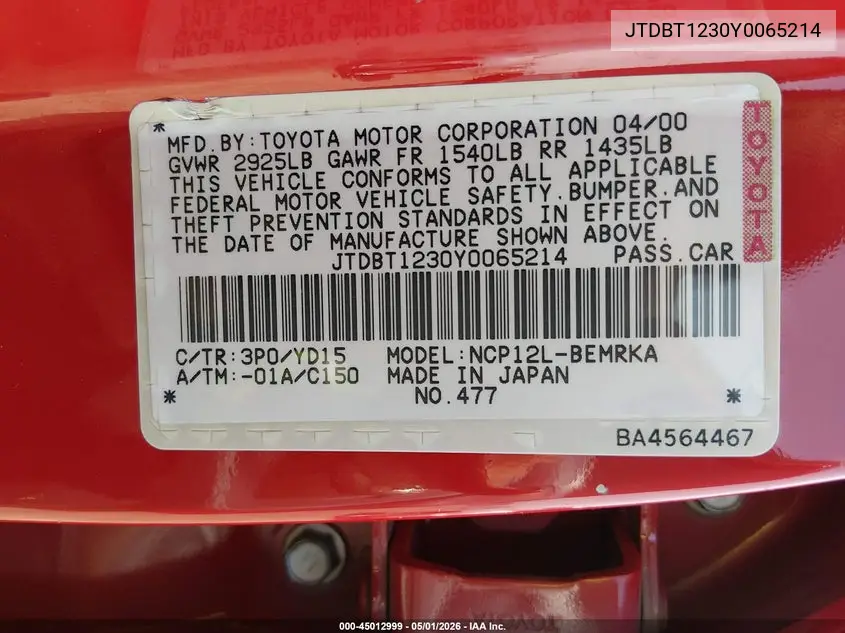 2000 Toyota Echo VIN: JTDBT1230Y0065214 Lot: 45012999