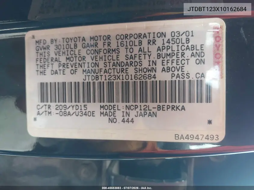 2001 Toyota Echo VIN: JTDBT123X10162684 Lot: 45553083