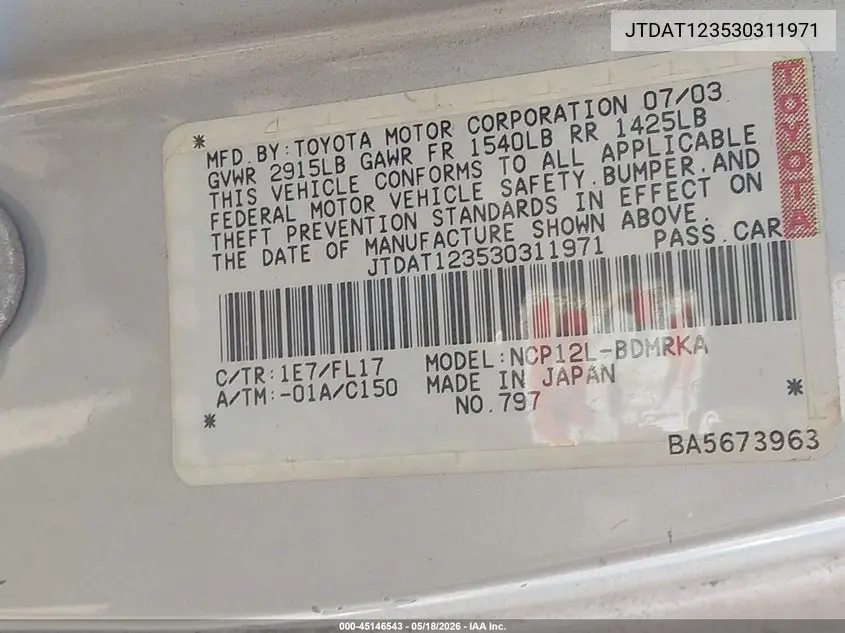 2003 Toyota Echo VIN: JTDAT123530311971 Lot: 45146543