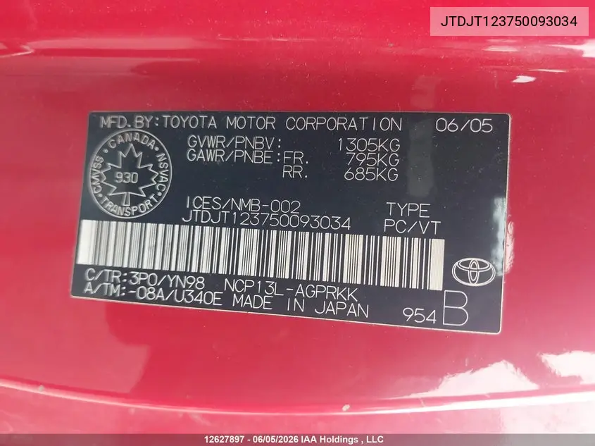 2005 Toyota Echo VIN: JTDJT123750093034 Lot: 12627897