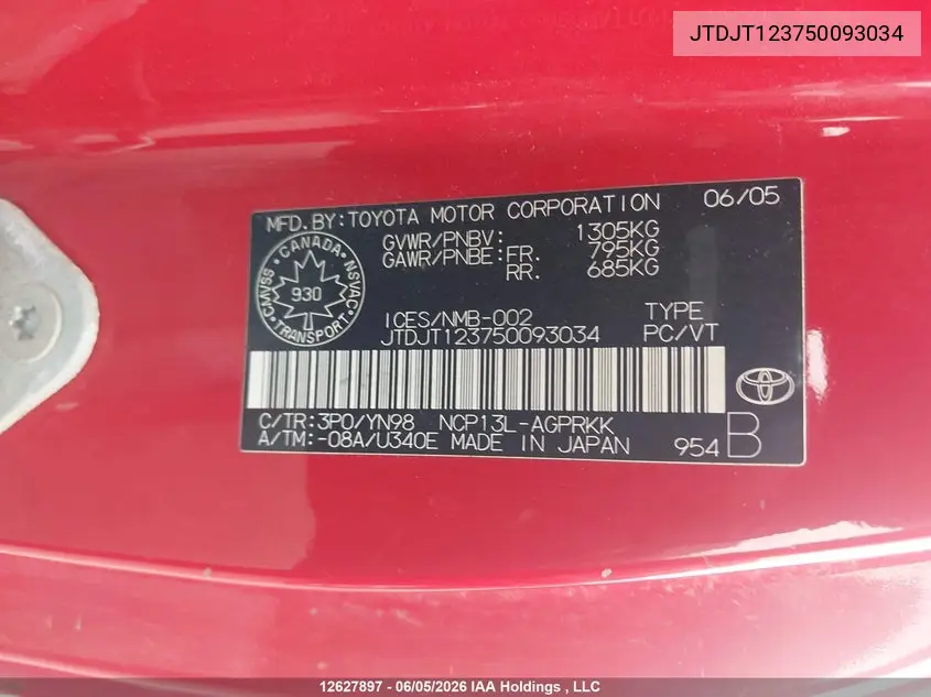 2005 Toyota Echo VIN: JTDJT123750093034 Lot: 12627897