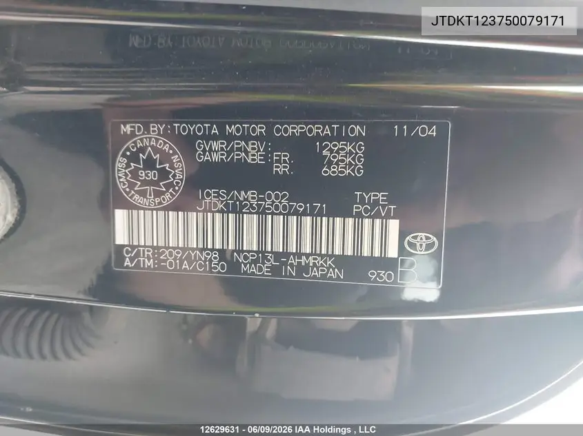 2005 Toyota Echo VIN: JTDKT123750079171 Lot: 12629631