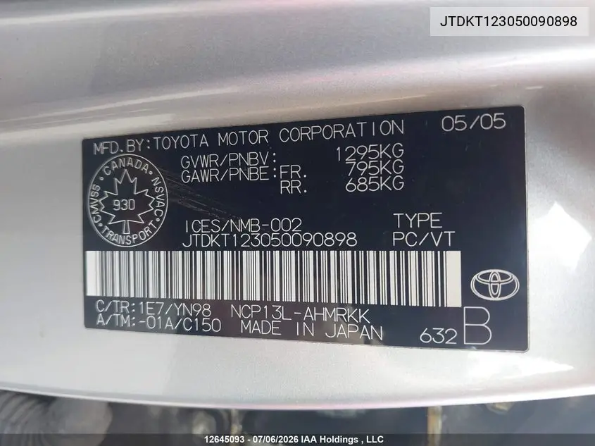 2005 Toyota Echo VIN: JTDKT123050090898 Lot: 12645093x