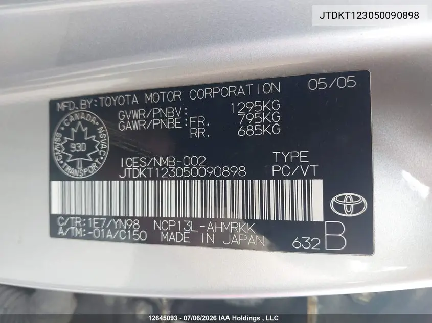 2005 Toyota Echo VIN: JTDKT123050090898 Lot: 12645093x