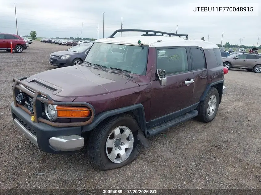 2007 Toyota Fj Cruiser VIN: JTEBU11F770048915 Lot: 30094069