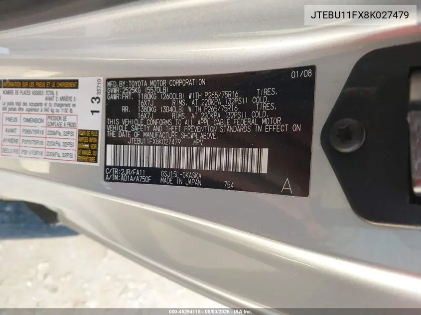2008 Toyota Fj Cruiser VIN: JTEBU11FX8K027479 Lot: 45294115