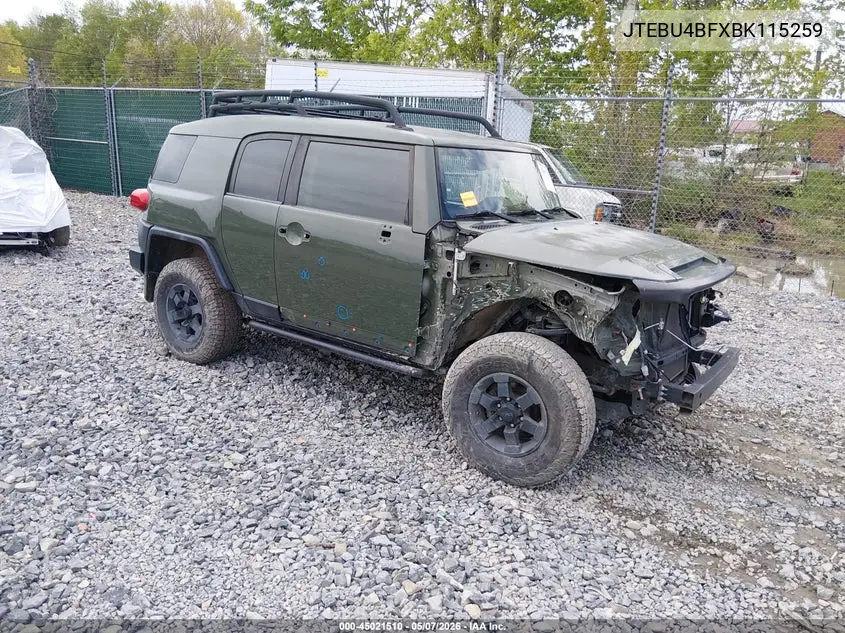 2011 Toyota Fj Cruiser VIN: JTEBU4BFXBK115259 Lot: 45021510