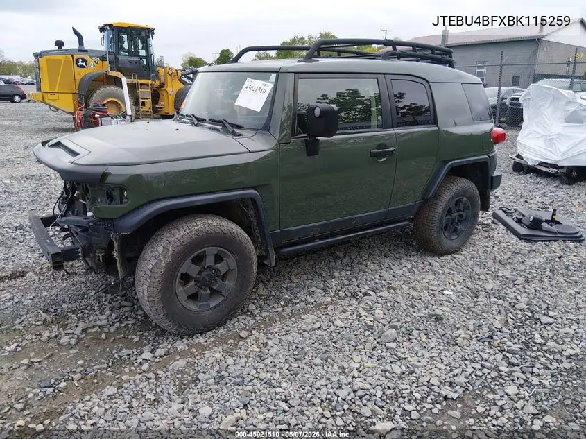 2011 Toyota Fj Cruiser VIN: JTEBU4BFXBK115259 Lot: 45021510