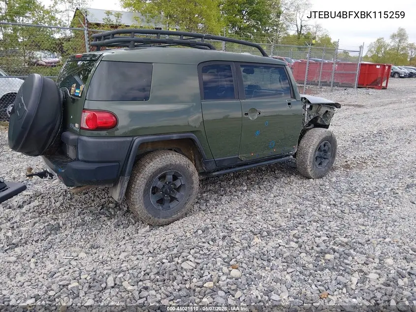2011 Toyota Fj Cruiser VIN: JTEBU4BFXBK115259 Lot: 45021510