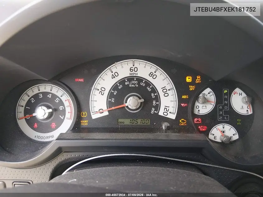 2014 Toyota Fj Cruiser VIN: JTEBU4BFXEK181752 Lot: 45572934