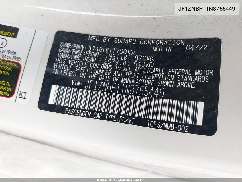 2022 Toyota Gr86 Premium VIN: JF1ZNBF11N8755449 Lot: 44953271