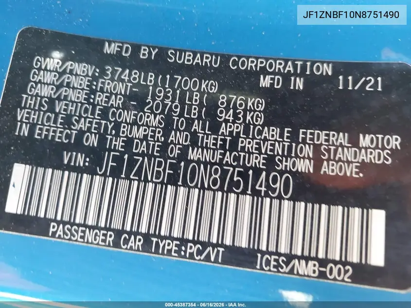 2022 Toyota Gr86 Premium VIN: JF1ZNBF10N8751490 Lot: 45387354